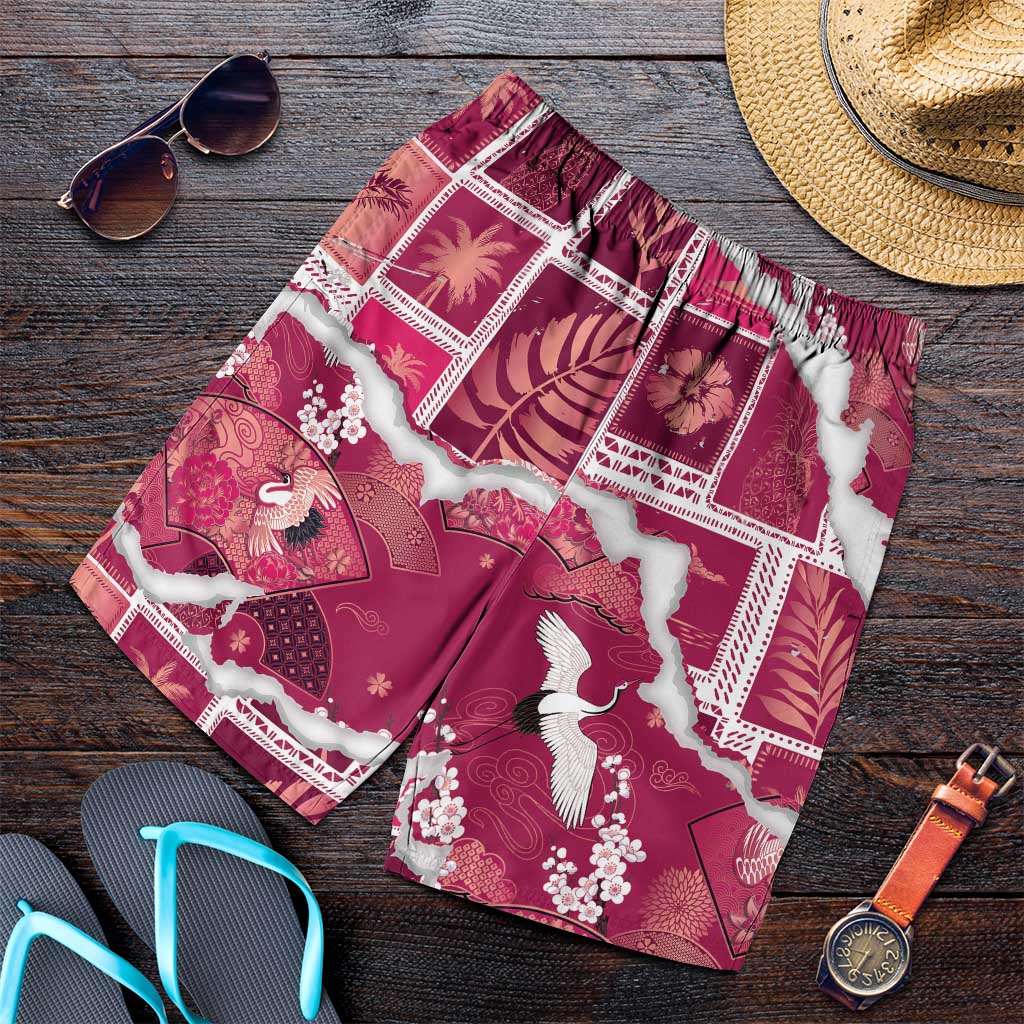Hawaii Japanese Culture Pink Shorts for Men Spring Cranes Aloha Pattern