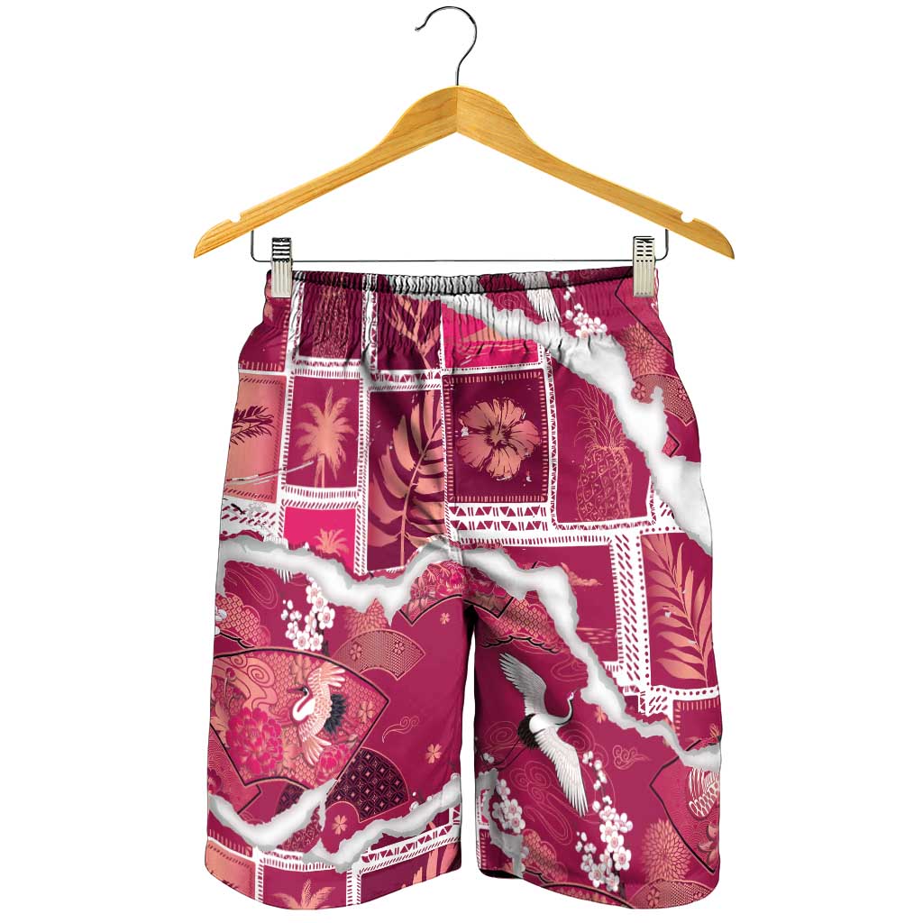 Hawaii Japanese Culture Pink Shorts for Men Spring Cranes Aloha Pattern