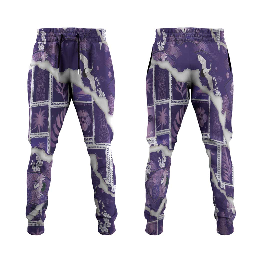 Hawaii Japanese Culture Purple Jogger Pants Spring Cranes Aloha Pattern