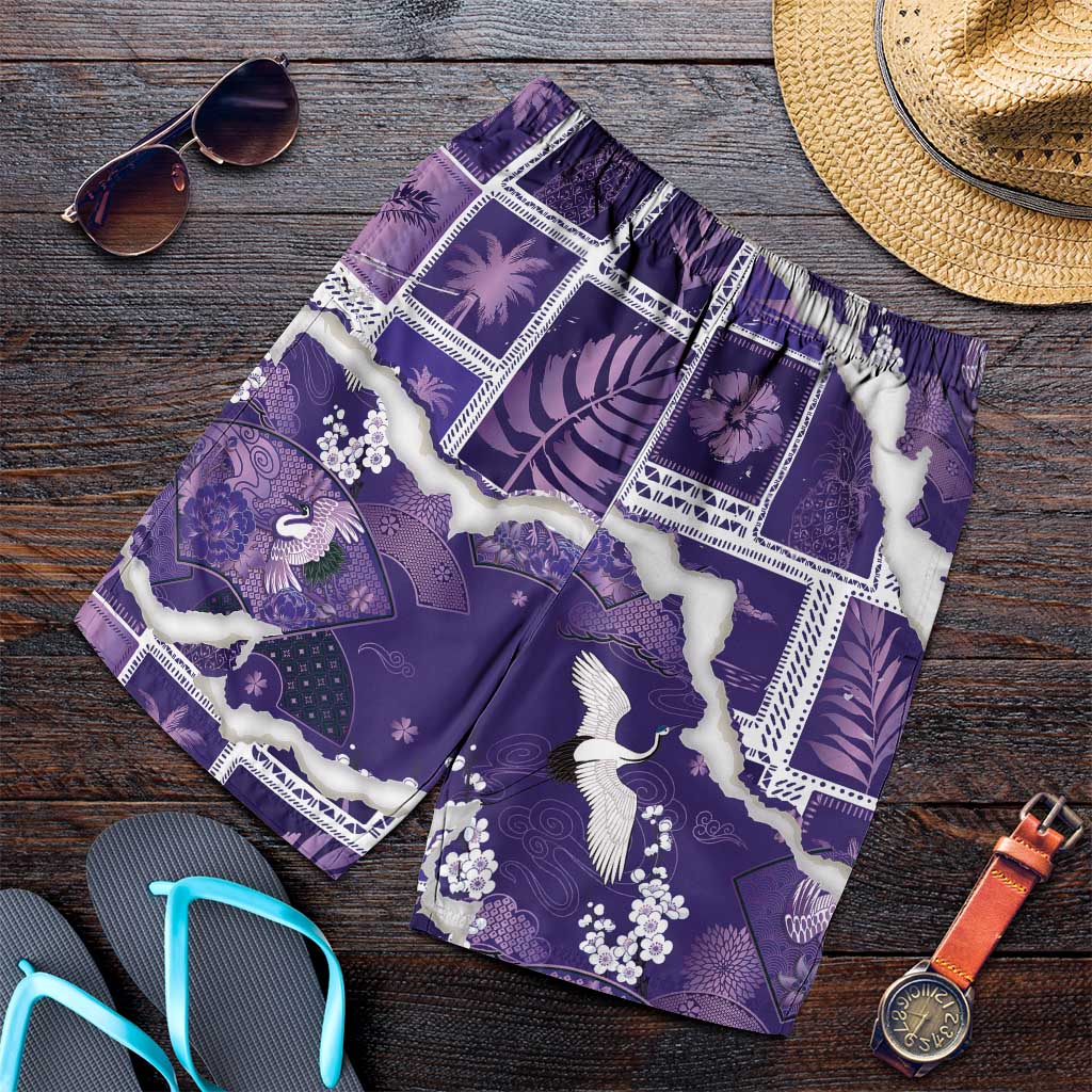 Hawaii Japanese Culture Purple Shorts for Men Spring Cranes Aloha Pattern