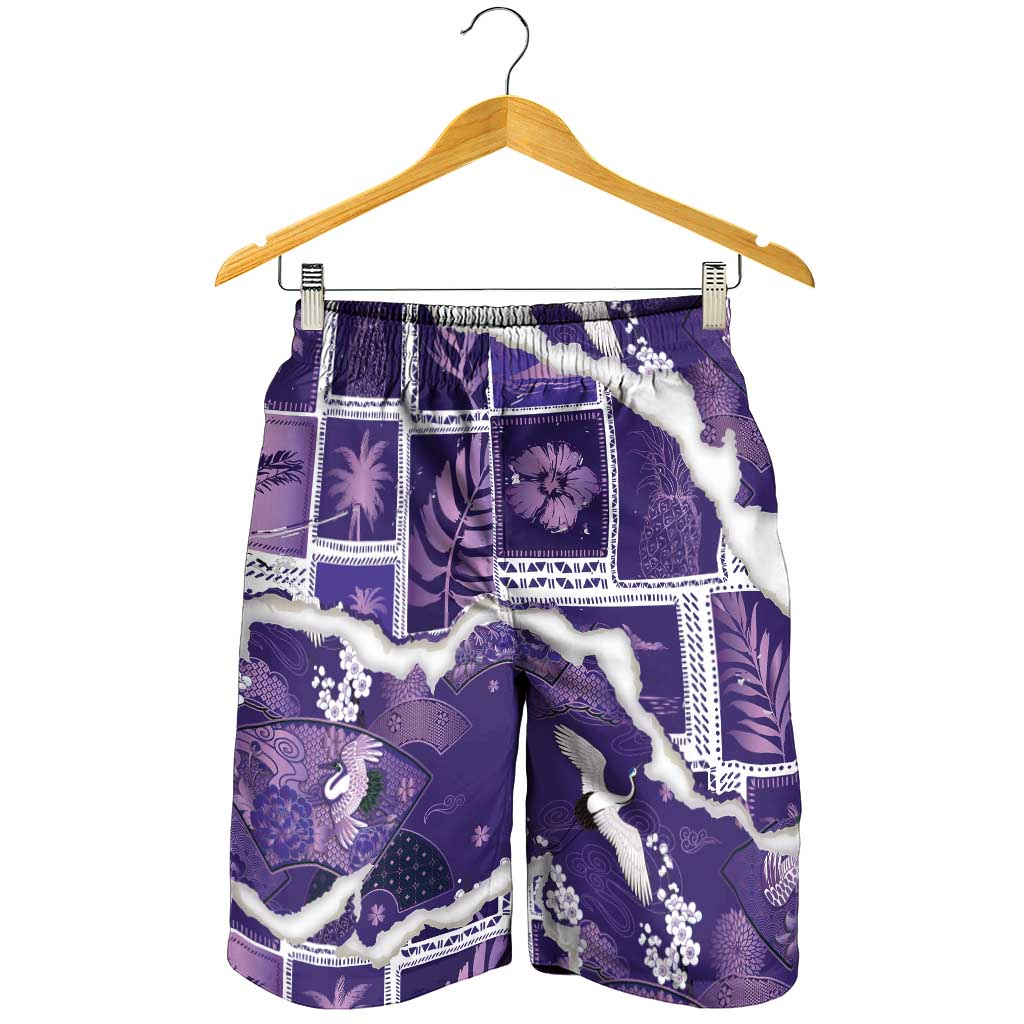 Hawaii Japanese Culture Purple Shorts for Men Spring Cranes Aloha Pattern