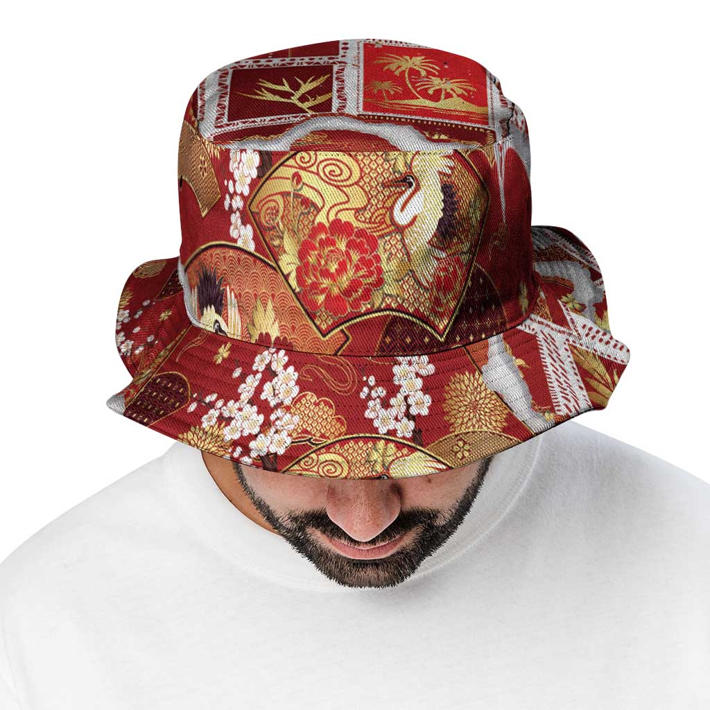 Hawaii Japanese Culture Red Bucket Hat Spring Cranes Aloha Pattern