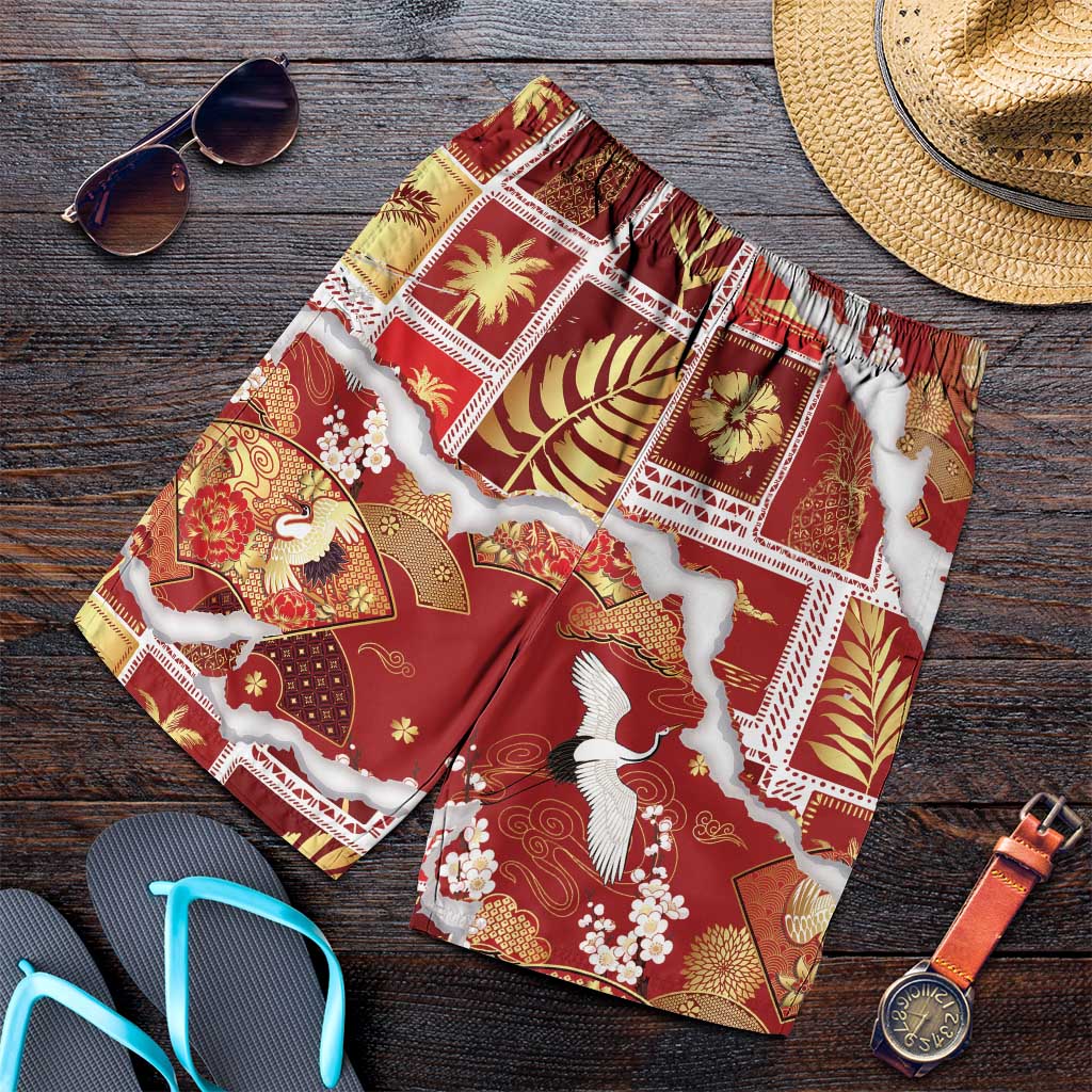 Hawaii Japanese Culture Red Shorts for Men Spring Cranes Aloha Pattern