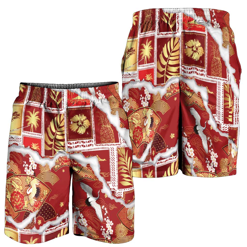 Hawaii Japanese Culture Red Shorts for Men Spring Cranes Aloha Pattern