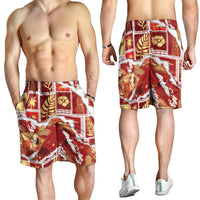 Hawaii Japanese Culture Red Shorts for Men Spring Cranes Aloha Pattern