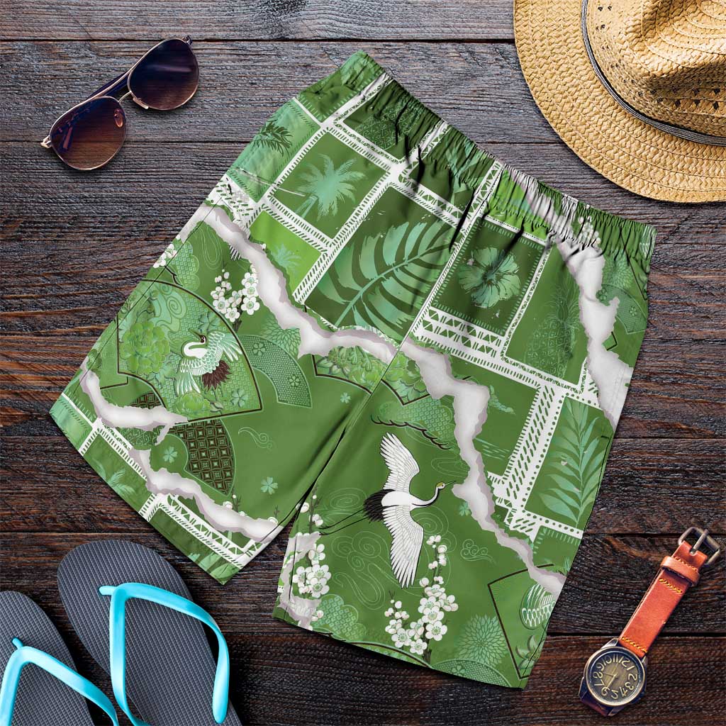 Hawaii Japanese Culture Sage Green Shorts for Men Spring Cranes Aloha Pattern