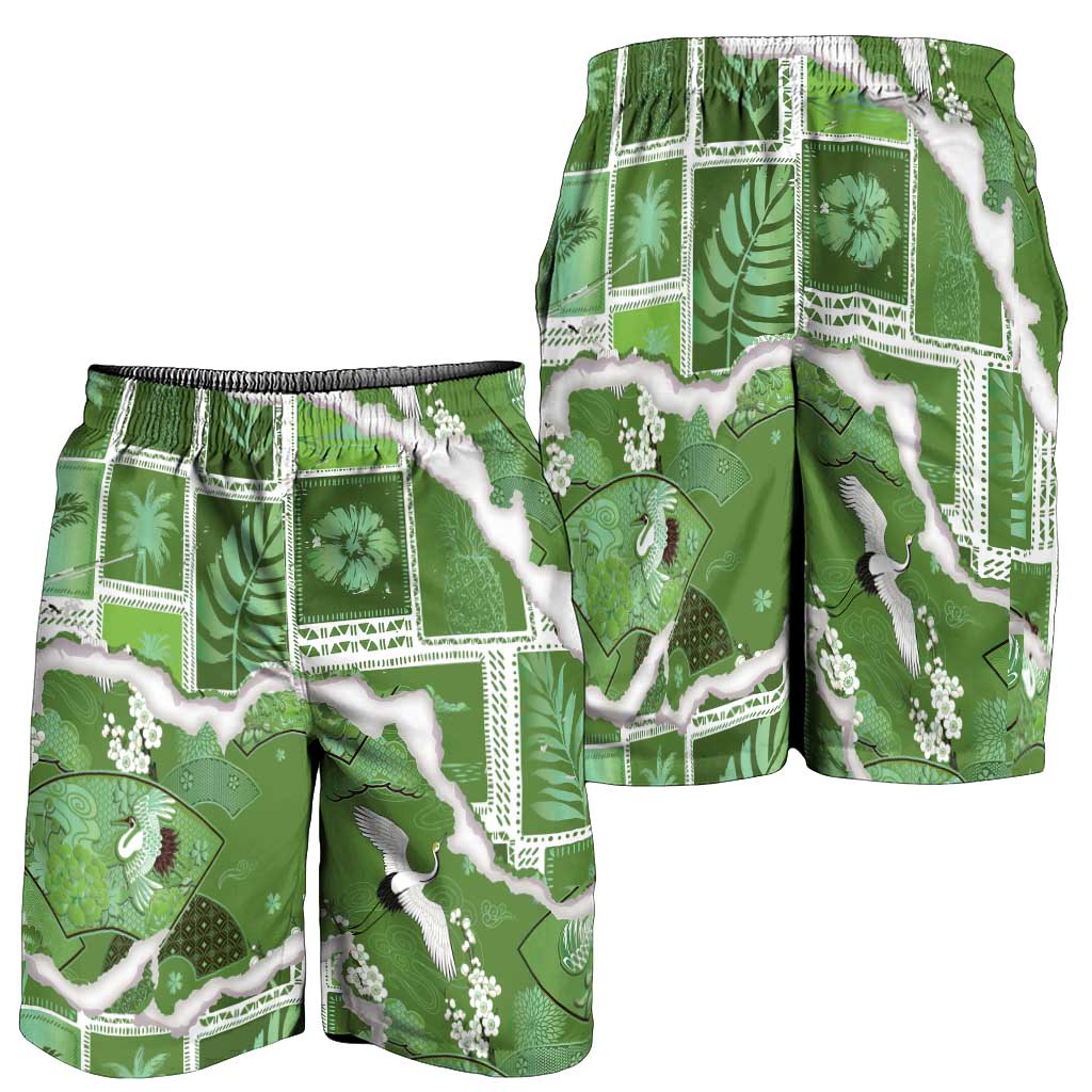 Hawaii Japanese Culture Sage Green Shorts for Men Spring Cranes Aloha Pattern