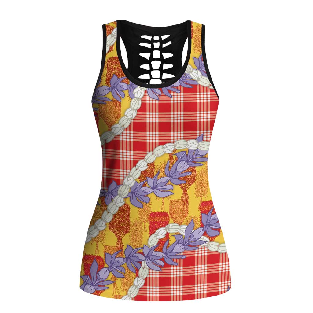 Hawaii Kahili Palaka Motifs Hollow Tank Top Hawaiian Honohono Pikake Lei LT14 Female Red - Polynesian Pride