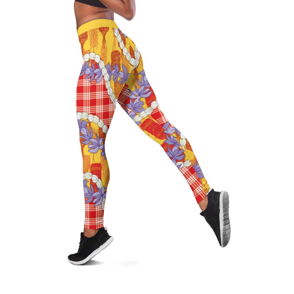 Hawaii Kahili Palaka Motifs Leggings Hawaiian Honohono Pikake Lei LT14 Red - Polynesian Pride