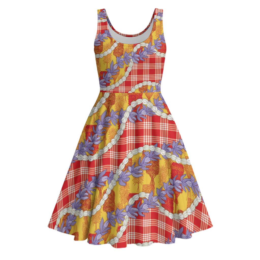 Hawaii Kahili Palaka Motifs Midi Dress Hawaiian Honohono Pikake Lei LT14 Red - Polynesian Pride