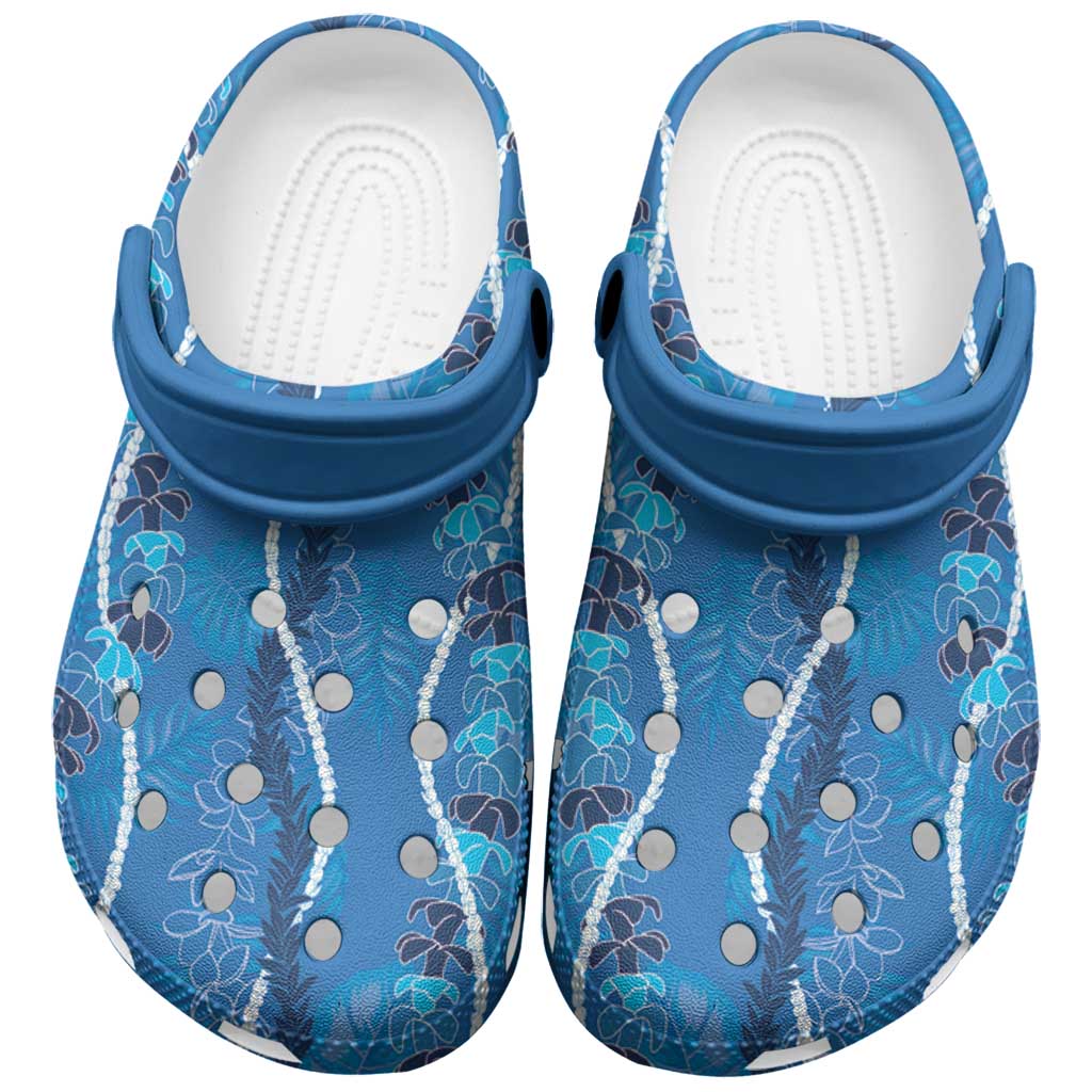 Hawaii Maile Lei Clogs Shoes With Blue Monstera Pattern - Polynesian Pride