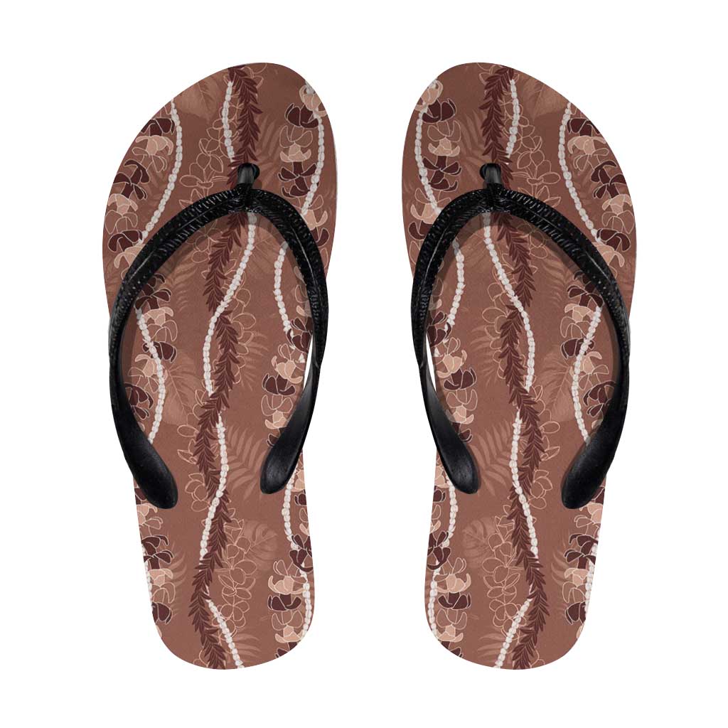Hawaii Maile Lei Flip Flops With Brown Monstera Pattern - Polynesian Pride