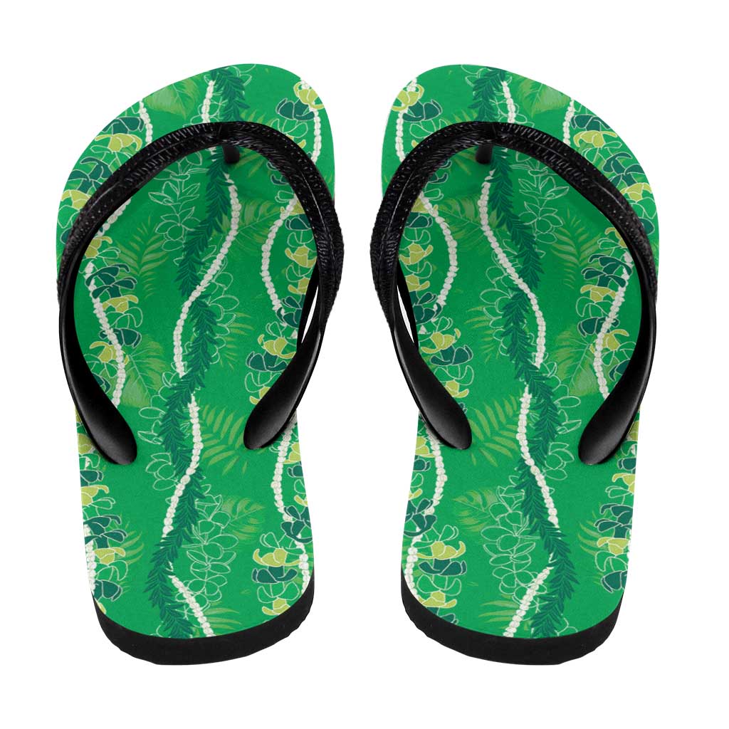 Hawaii Maile Lei Flip Flops With Green Monstera Pattern - Polynesian Pride