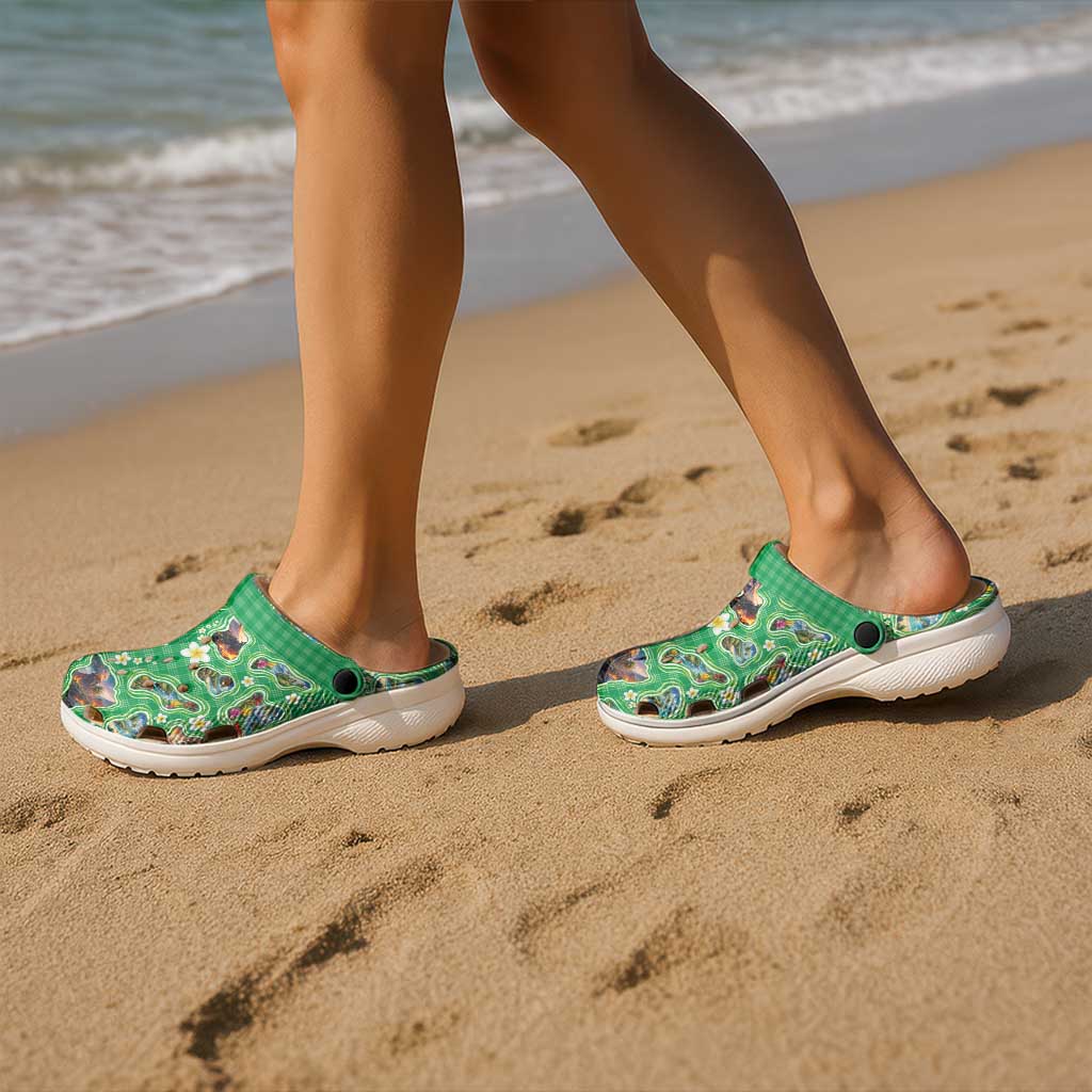 Hawaii Map with Plumeria Flower and Palaka Pattern Clogs Shoes Tropical Island Green Design