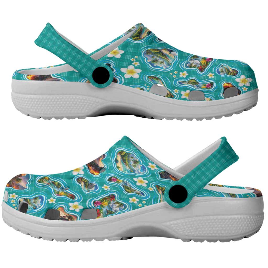 Hawaii Map with Plumeria Flower and Palaka Pattern Clogs Shoes Tropical Island Teal Design