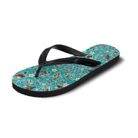 Hawaii Map with Plumeria Flower and Palaka Pattern Flip Flops Tropical Island Teal Design