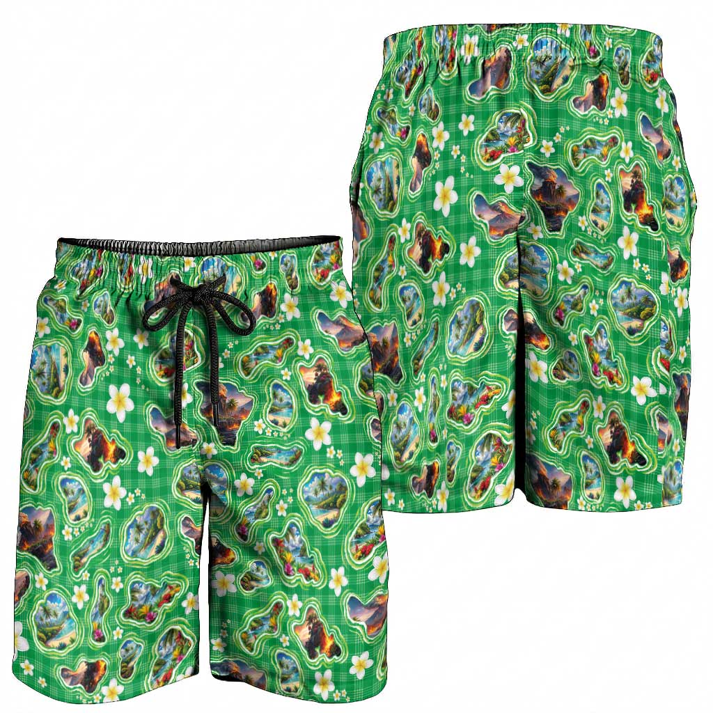 Hawaii Map with Plumeria Flower and Palaka Pattern Shorts for Men Tropical Island Green Design