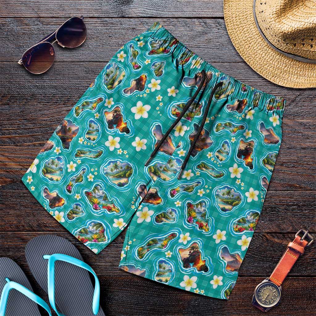Hawaii Map with Plumeria Flower and Palaka Pattern Shorts for Men Tropical Island Teal Design