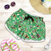 Hawaii Map with Plumeria Flower and Palaka Pattern Shorts for Women Tropical Island Green Design