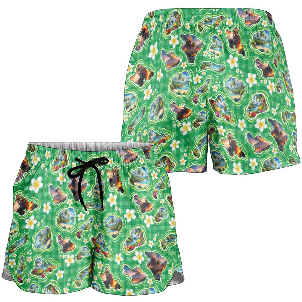 Hawaii Map with Plumeria Flower and Palaka Pattern Shorts for Women Tropical Island Green Design