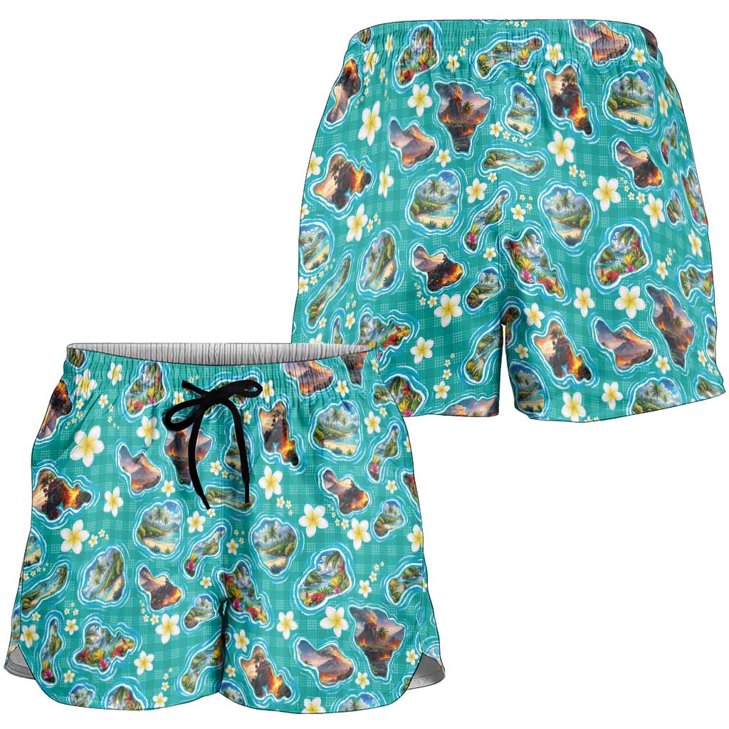Hawaii Map with Plumeria Flower and Palaka Pattern Shorts for Women Tropical Island Teal Design