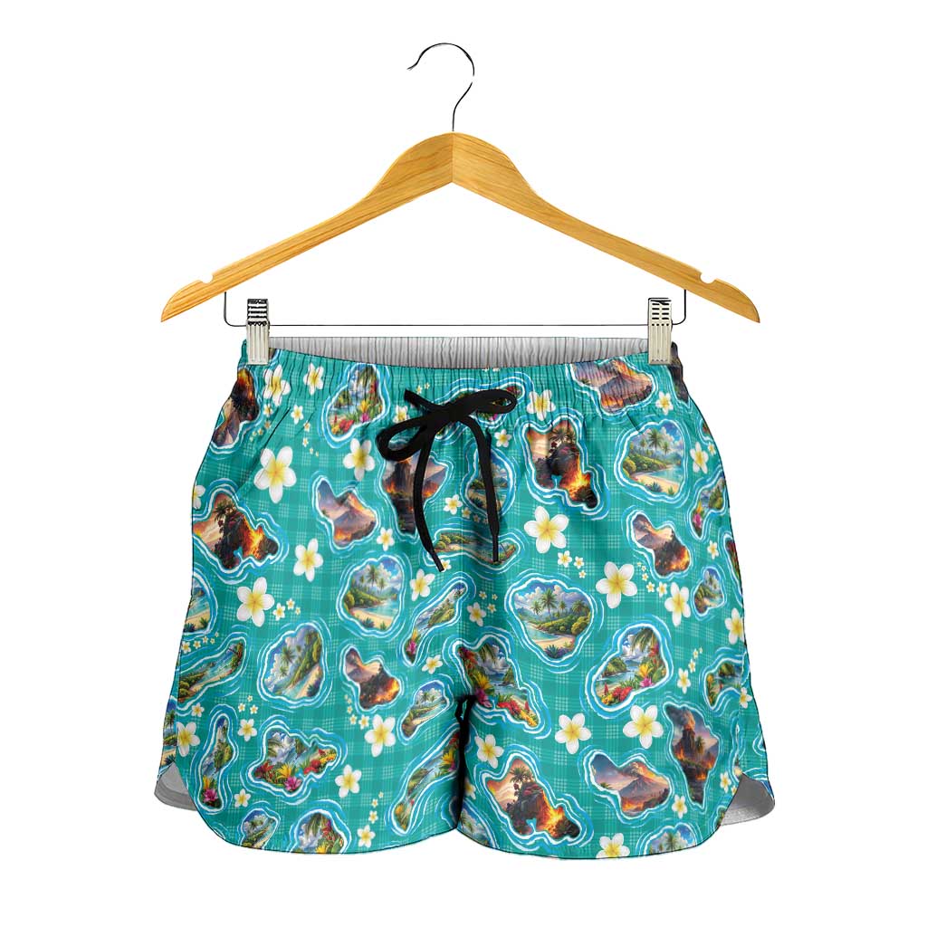 Hawaii Map with Plumeria Flower and Palaka Pattern Shorts for Women Tropical Island Teal Design