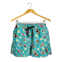 Hawaii Map with Plumeria Flower and Palaka Pattern Shorts for Women Tropical Island Teal Design