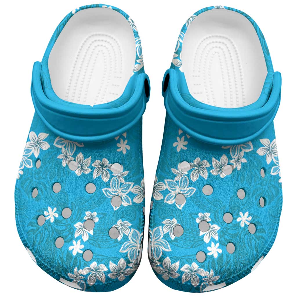 Hawaii Monstera Deliciosa Clogs Shoes Blue Plumeria Polynesian Pattern - Polynesian Pride