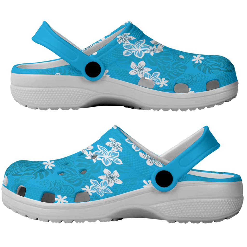 Hawaii Monstera Deliciosa Clogs Shoes Blue Plumeria Polynesian Pattern - Polynesian Pride