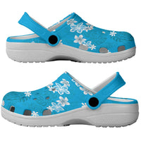 Hawaii Monstera Deliciosa Clogs Shoes Blue Plumeria Polynesian Pattern - Polynesian Pride