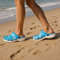 Hawaii Monstera Deliciosa Clogs Shoes Blue Plumeria Polynesian Pattern - Polynesian Pride