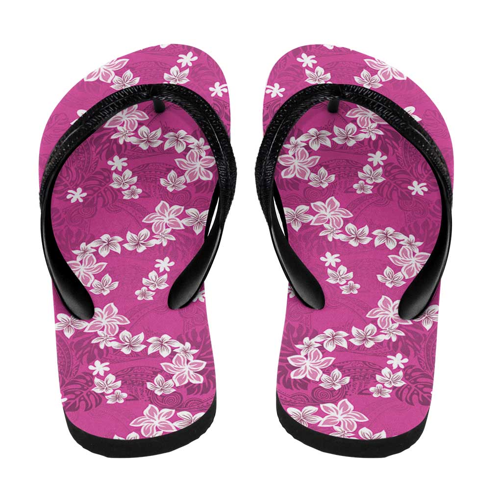 Hawaii Monstera Deliciosa Flip Flops Pink Plumeria Polynesian Pattern - Polynesian Pride