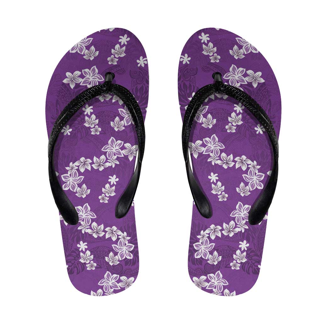 Hawaii Monstera Deliciosa Flip Flops Purple Plumeria Polynesian Pattern - Polynesian Pride