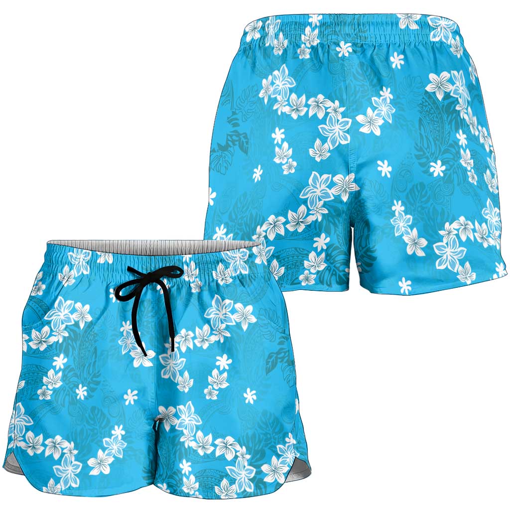 Hawaii Monstera Deliciosa Shorts for Women Blue Plumeria Polynesian Pattern - Polynesian Pride