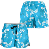 Hawaii Monstera Deliciosa Shorts for Women Blue Plumeria Polynesian Pattern - Polynesian Pride