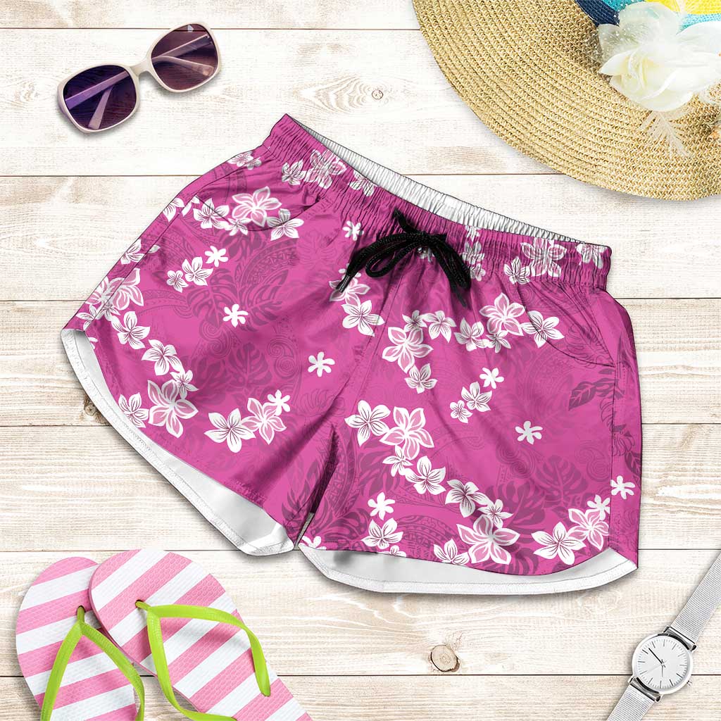 Hawaii Monstera Deliciosa Shorts for Women Pink Plumeria Polynesian Pattern - Polynesian Pride