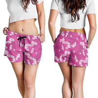Hawaii Monstera Deliciosa Shorts for Women Pink Plumeria Polynesian Pattern - Polynesian Pride