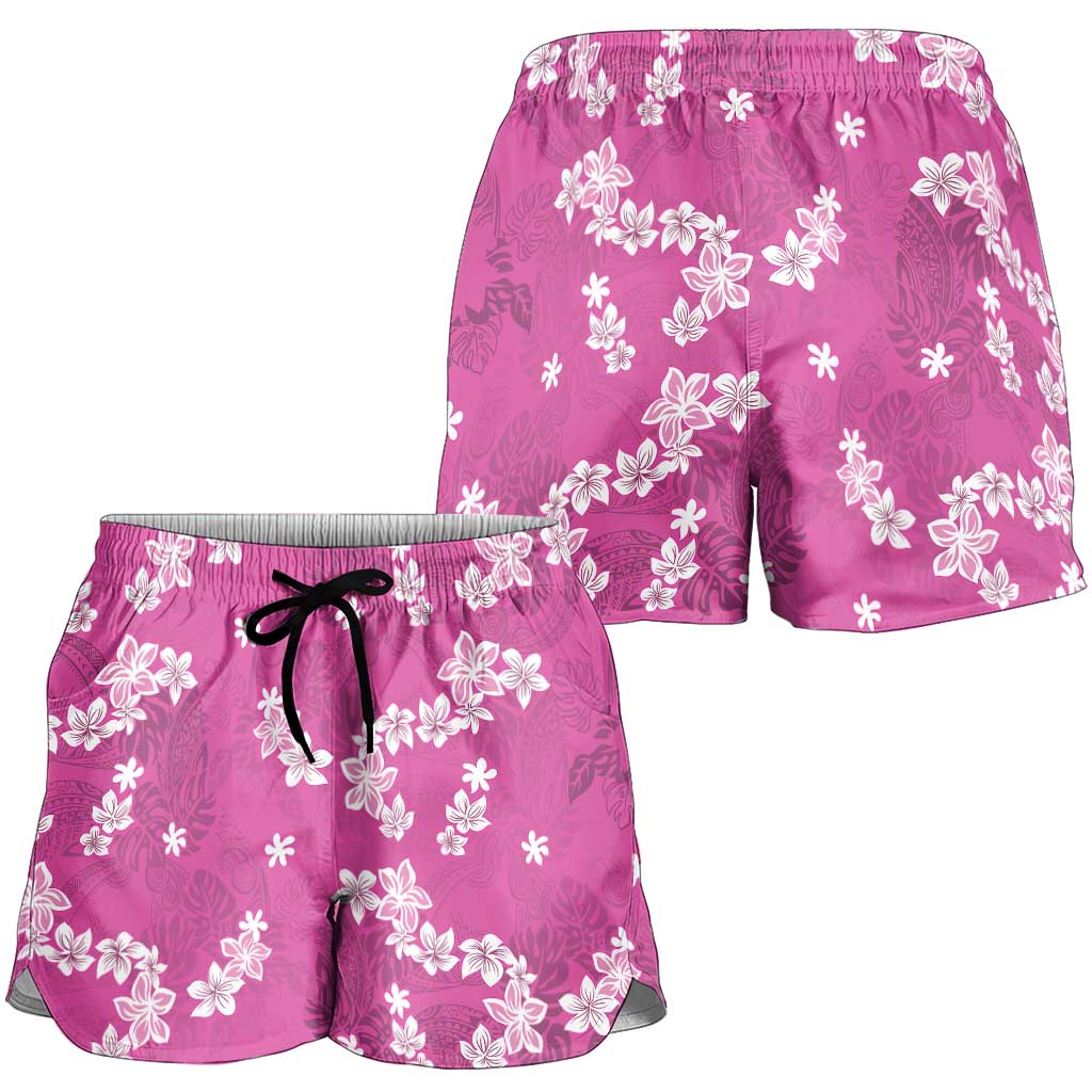 Hawaii Monstera Deliciosa Shorts for Women Pink Plumeria Polynesian Pattern - Polynesian Pride