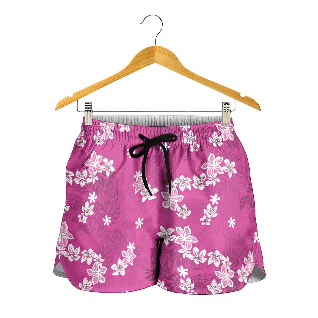 Hawaii Monstera Deliciosa Shorts for Women Pink Plumeria Polynesian Pattern - Polynesian Pride