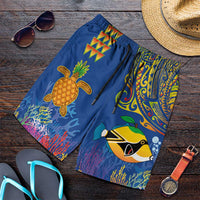 Hawaii Ocean Shorts for Men Pineapple Turtle and Mango Reef Triggerfish and Kakau Tattoo LT03 Multicolor - Polynesian Pride