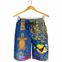 Hawaii Ocean Shorts for Men Pineapple Turtle and Mango Reef Triggerfish and Kakau Tattoo LT03 - Polynesian Pride