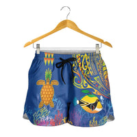 Hawaii Ocean Shorts for Women Pineapple Turtle and Mango Reef Triggerfish and Kakau Tattoo LT03 - Polynesian Pride