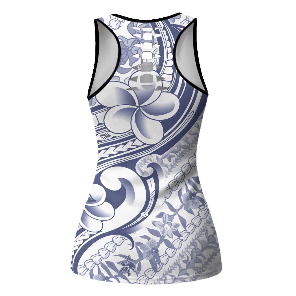 Hawaii Plumeria Lokelani Pikake Lei Hollow Tank Top Navy Blue Polynesian Tattoo