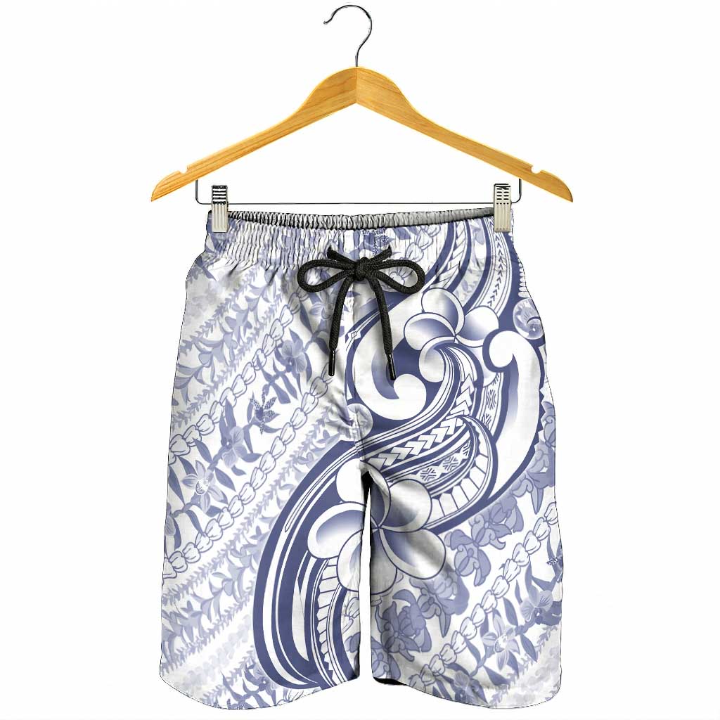 Hawaii Plumeria Lokelani Pikake Lei Shorts for Men Navy Blue Polynesian Tattoo