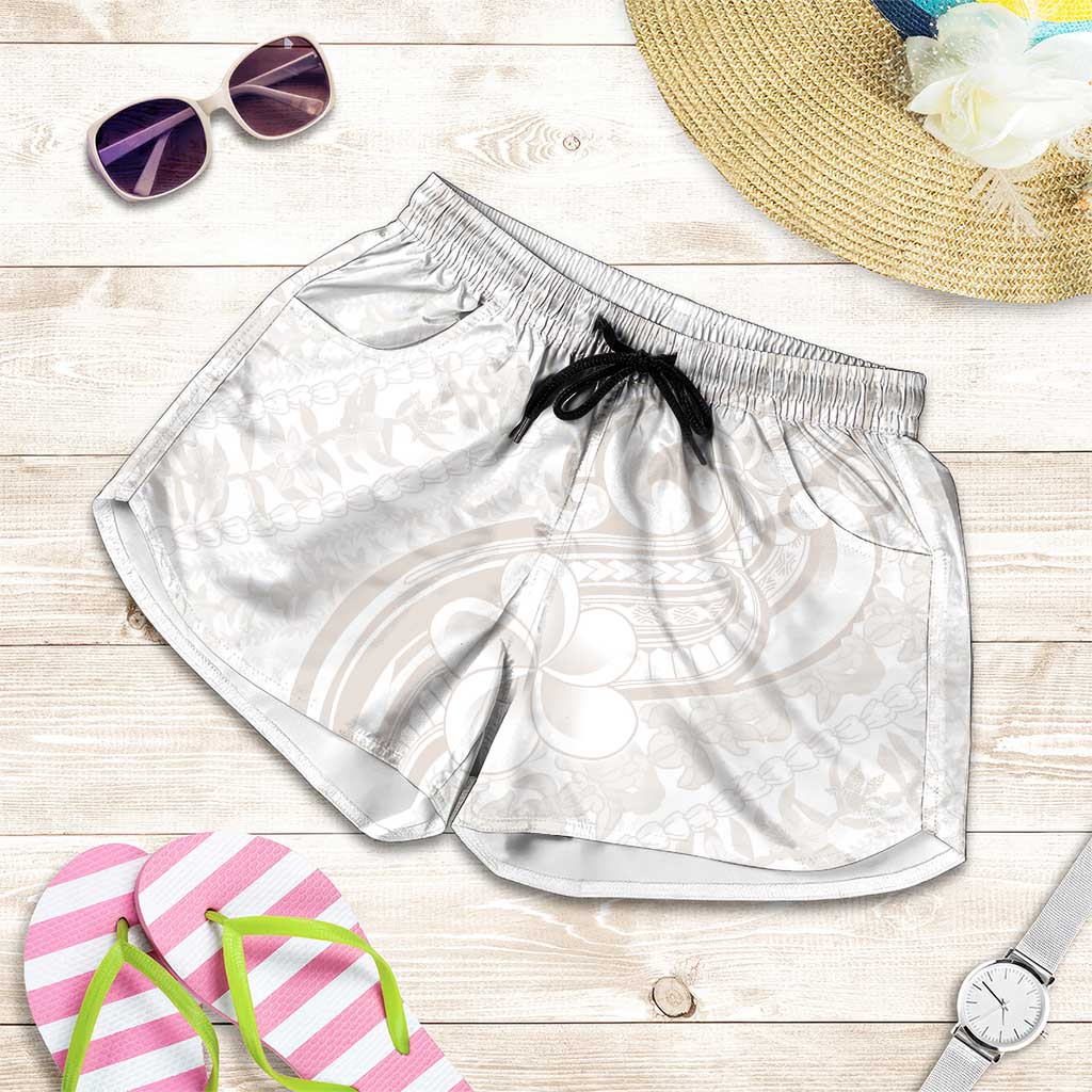 Hawaii Plumeria Lokelani Pikake Lei Shorts for Women Sandy Beige Polynesian Tattoo