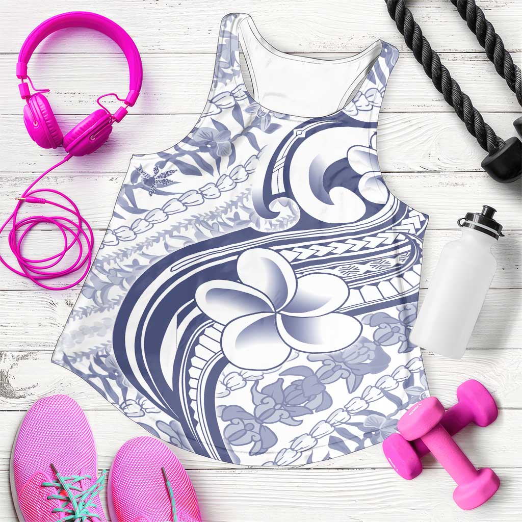 Hawaii Plumeria Lokelani Pikake Lei Women Racerback Tank Navy Blue Polynesian Tattoo