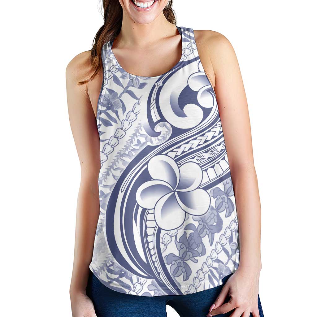 Hawaii Plumeria Lokelani Pikake Lei Women Racerback Tank Navy Blue Polynesian Tattoo