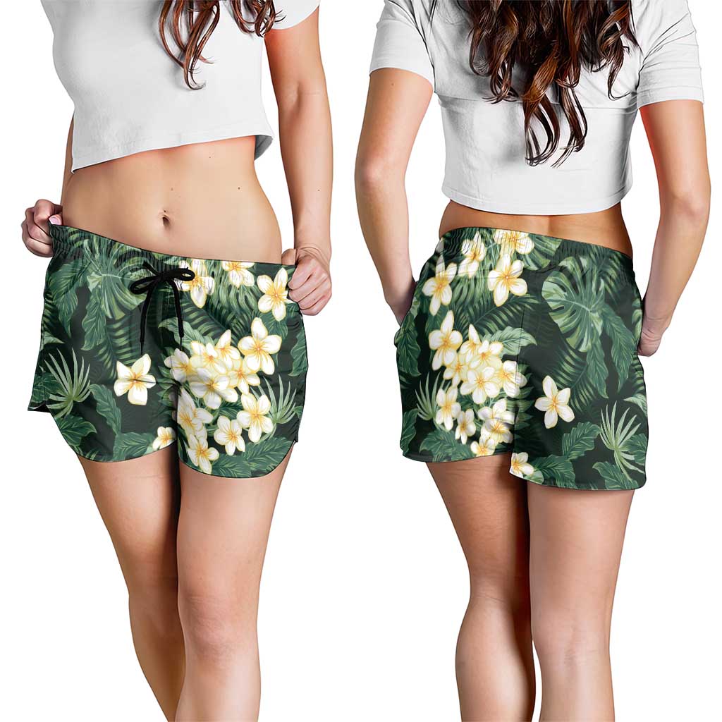 Hawaii Plumeria Tropical Leaves Shorts for Women Monstera Calathea Palm Fronds