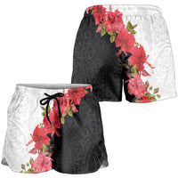 Hawaii Red Hibiscus Flowers Shorts for Women Polynesian Pattern Half Black White Version - Polynesian Pride