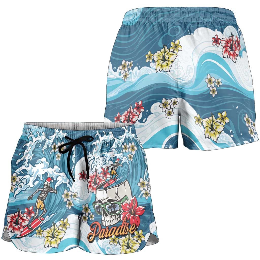 Hawaii Santa Skeleton Surfing Shorts for Women Mele Kalikimaka i Iulai!